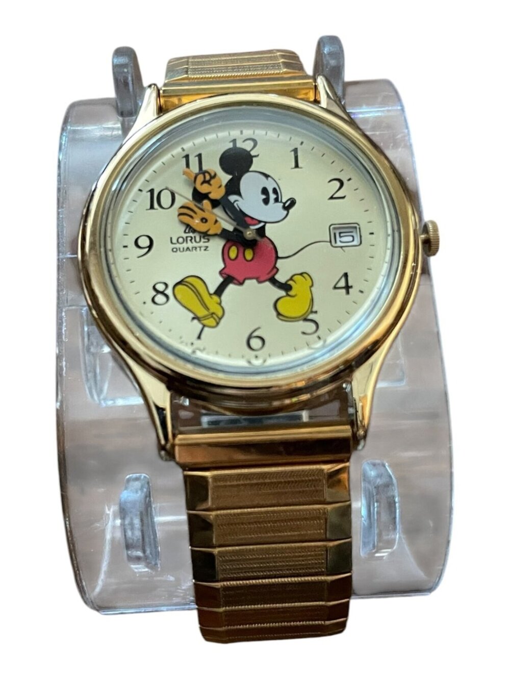 Vintage Lorus Quartz Disney Mickey Mouse Gold Tone Watch w/ Date & Original Box